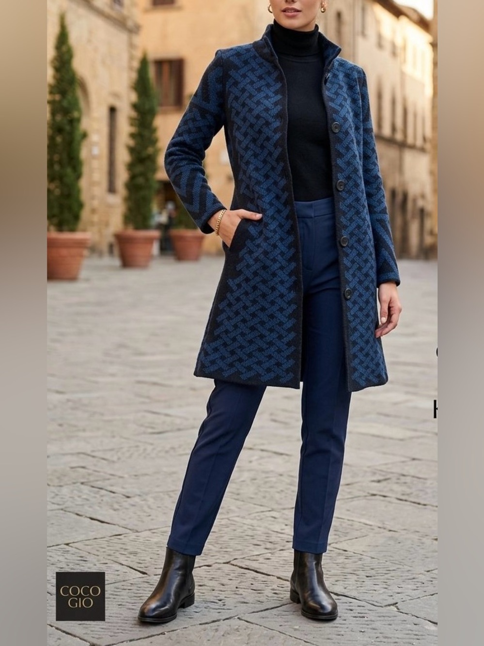CocoGio Italy Blue Geometric Knit Sweater Coat Jacket Small
